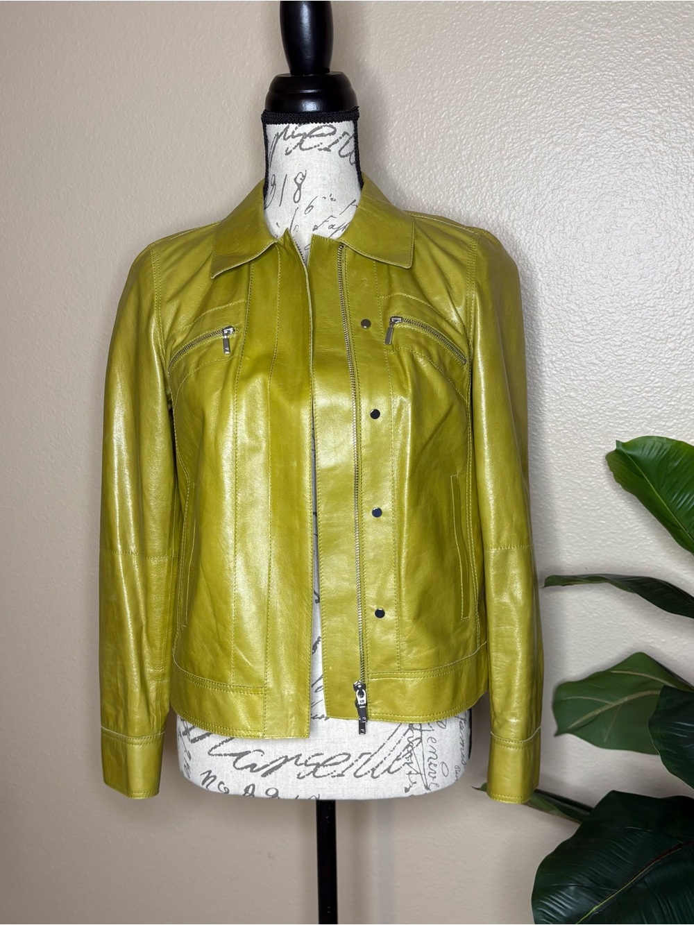 Lafayette 148 New York Lime Green Leather Zip Jacket